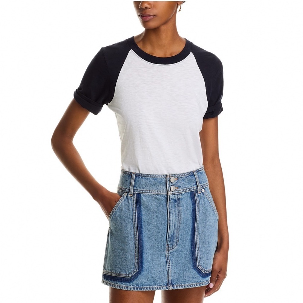 Veronica Beard Mason Baseball Tee White Navy Short Sleeve Cotton Top‎ SMALL